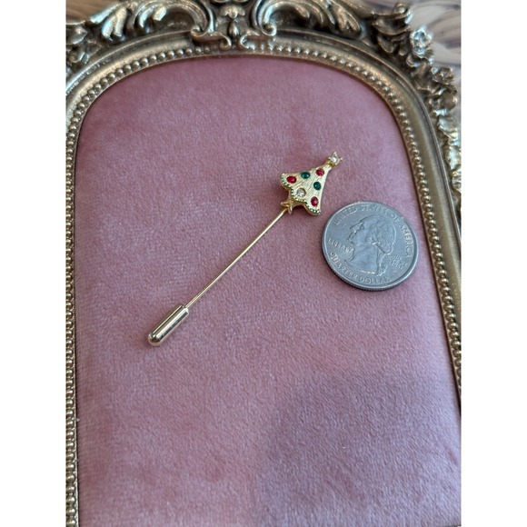 Christmas Tree Rhinestone‎ Stick Lapel Pin Gold Tone Holiday Jewelry - Picture 3 of 3